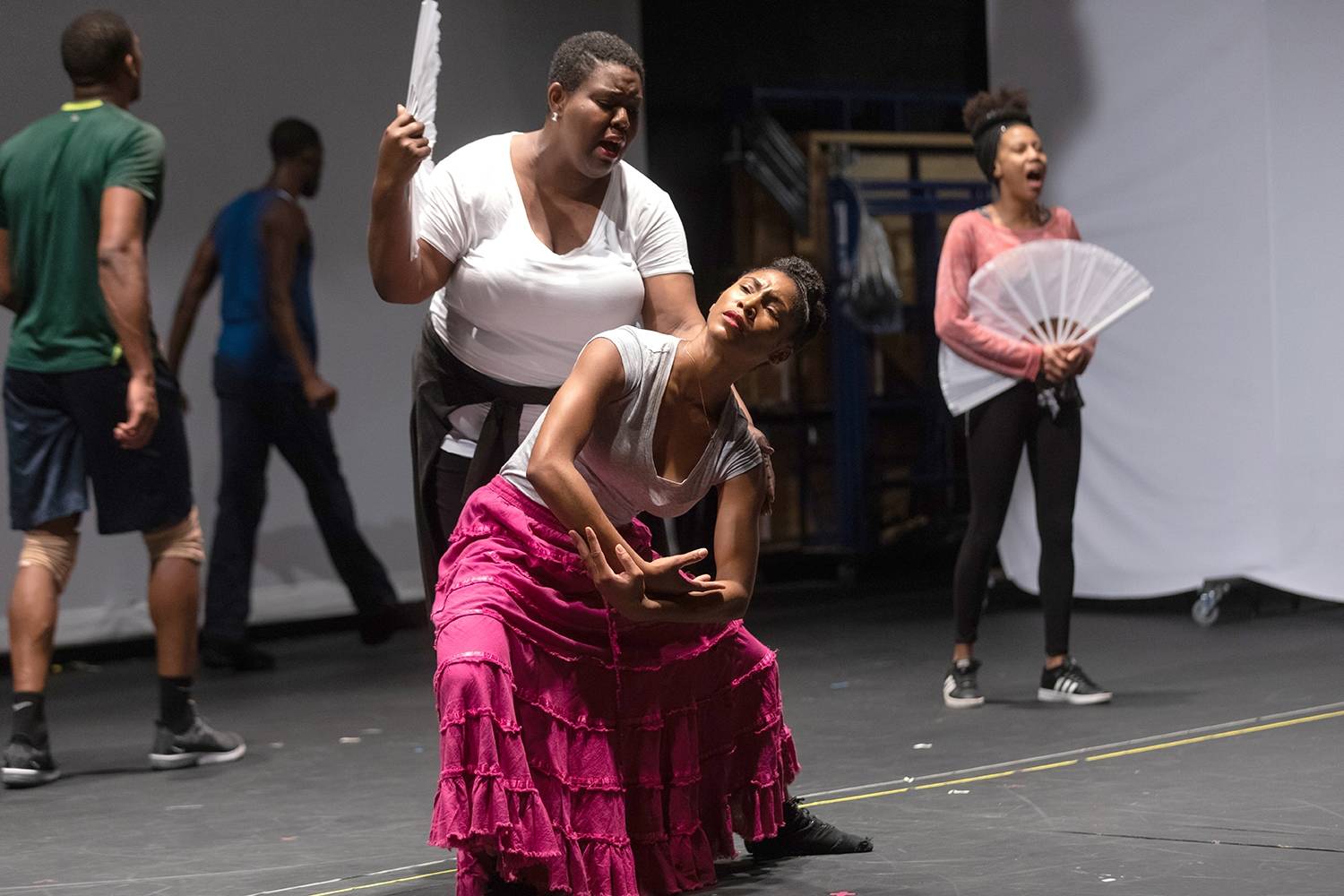 Dawn Bless, Amber Pickens, and Hailee Wright in rehearsal of The Black Clown.