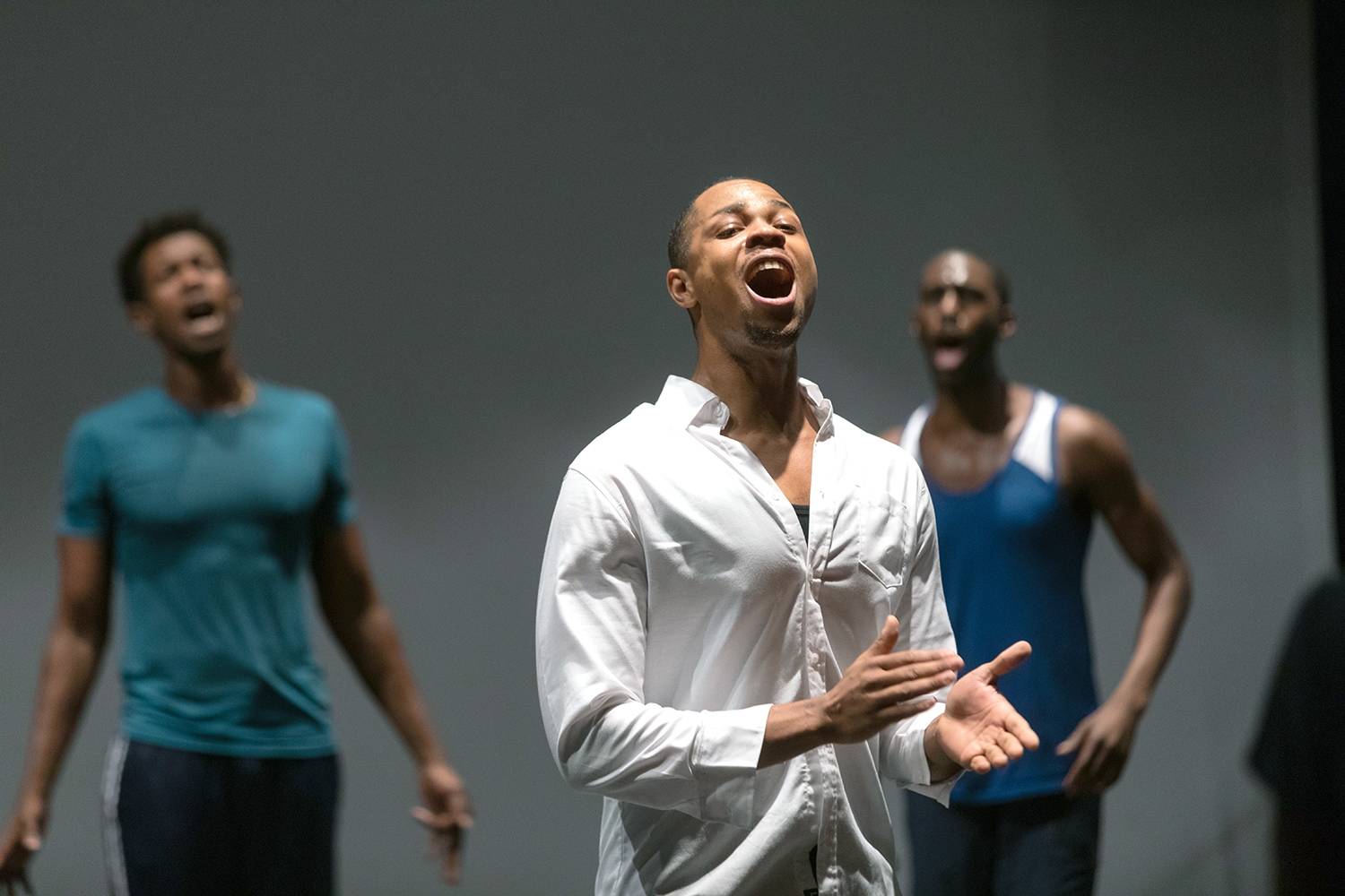 Evan Tyrone Martin, Davóne Tines, and Malcolm Armwood in rehearsal of The Black Clown.