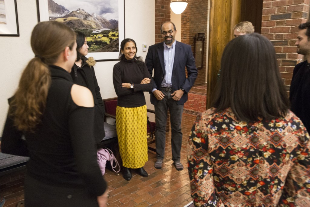 Faculty Deans L. (Maha) Mahadevan and Amala Mahadevan speak with members of the company before the performance. The American Modern Opera Company (AMOC) performs at Mather House as part of a nine-day, student-immersive, teaching and performance residency at Harvard