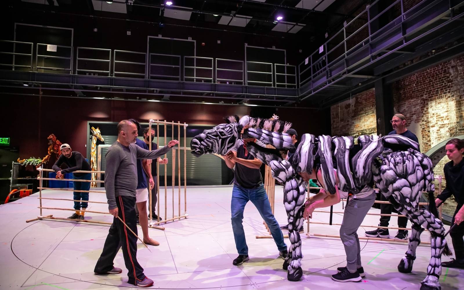 Rajesh Bose holds out his hand to a zebra puppet, manipulated by Avery Glymph (head), Andrew Wilson (heart), and Betsy Rosen (hind legs).