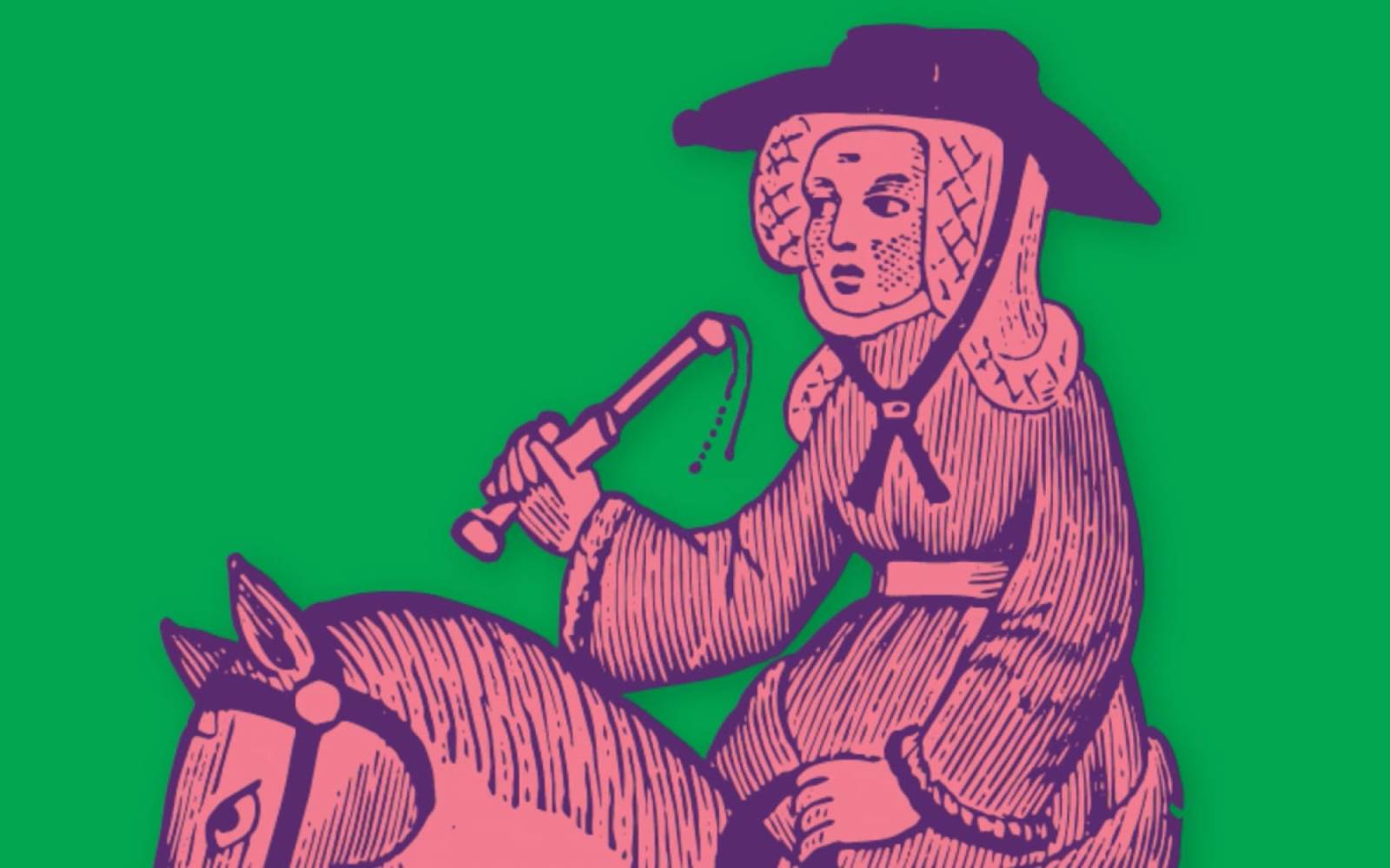 A woodcut of the Wife of Bath in purple and pink against a green background